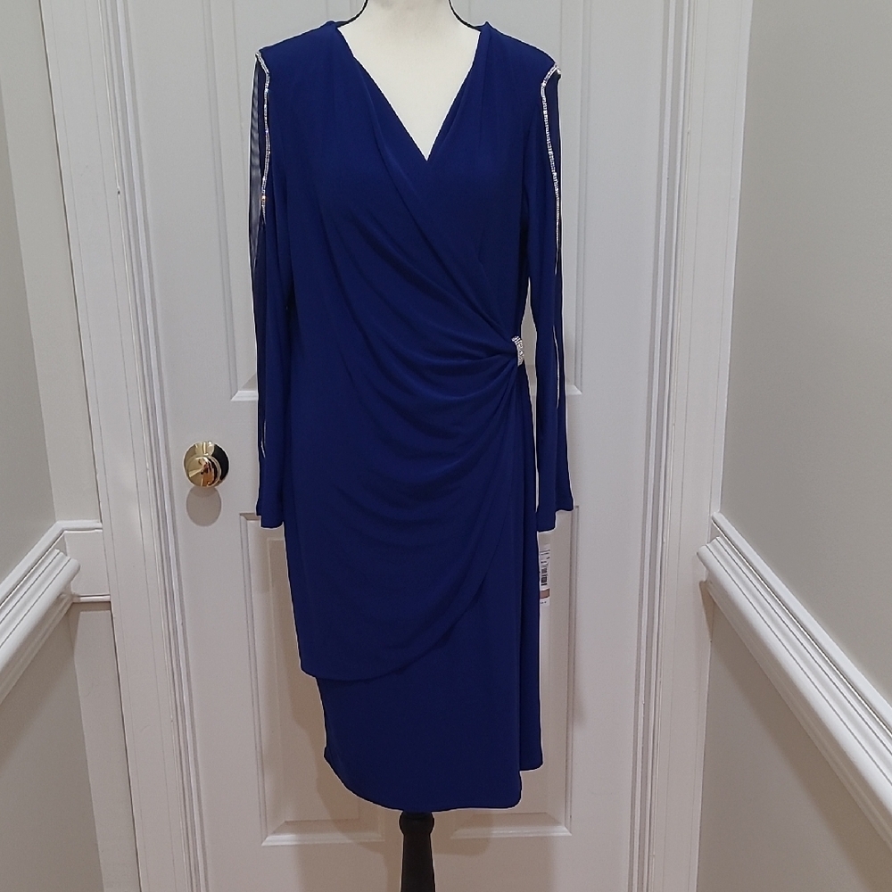 Royal Blue Cocktail Dress With Rhinestone Arm Detail & Sheer Inserts